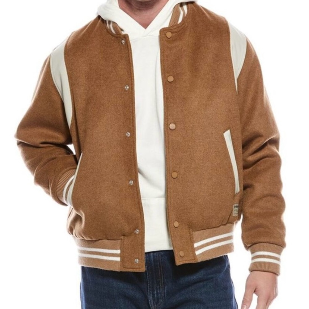 HUDSON JEANS Two-Tone Wool-Blend Varsity Jacket Tan 2XL